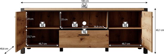 Meubella - Meuble TV Acapulco - Chêne - Zwart - 180 cm