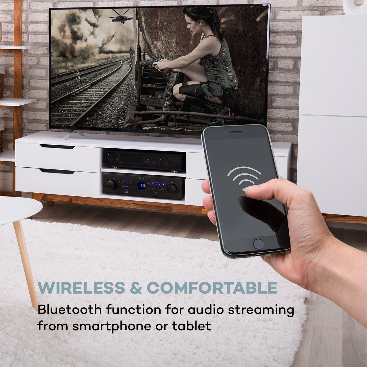 Auna Versterker, HiFi Stereo Mini Versterker, HiFi-versterker met Bass- en Treble-regelaar, 4-kanaals Audioversterker, Stereo Versterker & Luidsprekers met Afstandsbediening & AUX-ingang, AV-receiver - Amplifier - 100W - voor PA - Bluetooth MP3 thumbnail 6