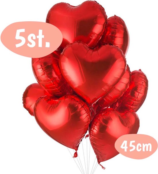 Folie Hartjes Ballonen - Rood - 45 CM - 5 Stuk - Geschikt voor Helium
