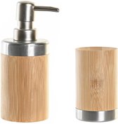 Items badkamer accessoires set drinkbeker/zeeppompje - bamboe/zilver