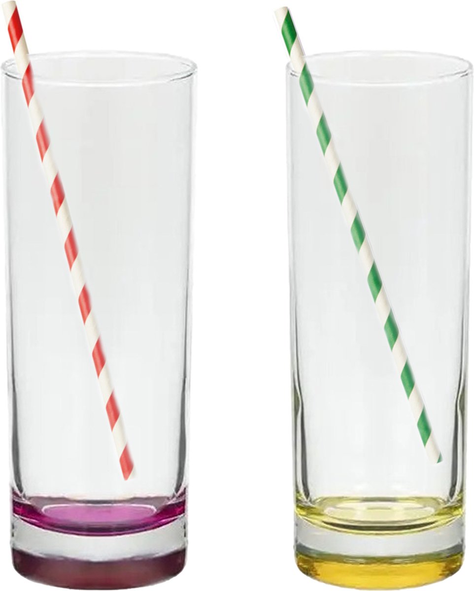 Longdrinkglazen - 6 stuks - 310 ml - incl. 100x papieren rietjes