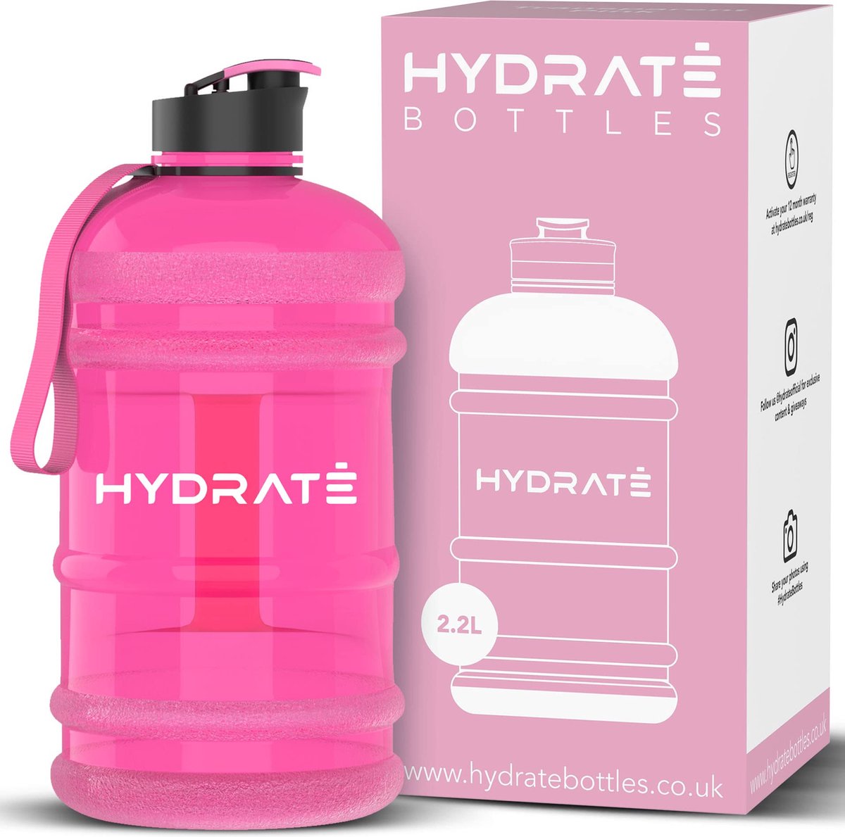 Hydrate® Drinkfles / Waterfles met rietje - 2,2L - Duurzaam - Extra Sterk - BPA-vrij - Roze Transparant