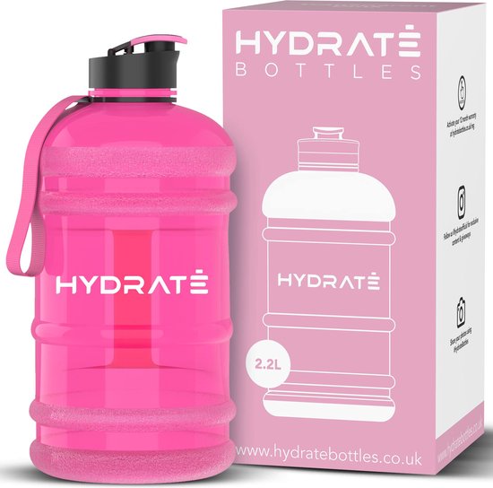HYDRATE 2,2 liter waterfles - nu met Easy Drink Cap - duurzaam en extra sterk - BPA vrij - ideaal voor: Sportschool, Dieet, Bodybuilding, Buitensporten, Wandelen en Kantoor, Transparant Roze