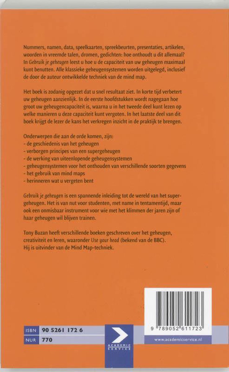 Achterkant van het boek "Gebruik je geheugen" met de beschrijving en ISBN.