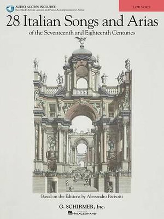 Muziekboek "28 Italian Songs and Arias" voor lage stem, met afbeelding van een barok gebouw.