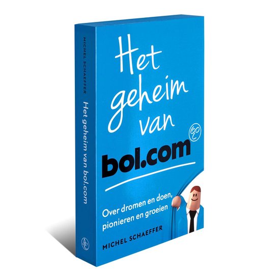 Schuine weergave van de boekomslag "Het geheim van bol.com". Blauw met witte tekst en een cartoonfiguur in pak.
