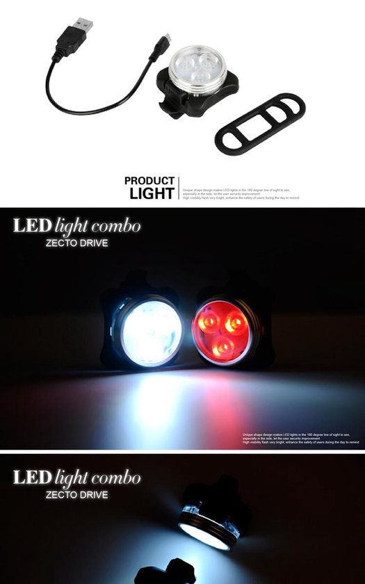 Oplaadbare Fietslamp Voor + Achter Usb - Wit + Rood - Fietsverlichting — afbeelding 4
