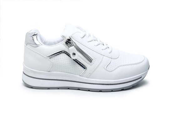 Witte lage sneakers met panterprint detail - Dames | MANFIELD