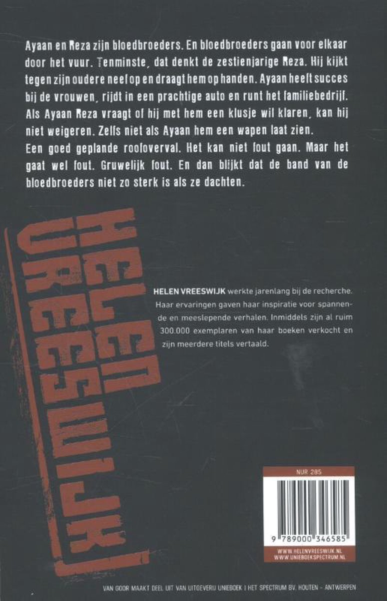 Achterkant boek Bloedbroeders van Helen Vreeswijk met beschrijving over de auteur en het verhaal. NUR 295.