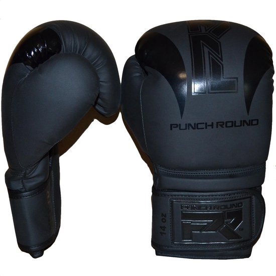 Paar zwarte bokshandschoenen met glanzend 'FX' logo en 'PUNCH ROUND' tekst.