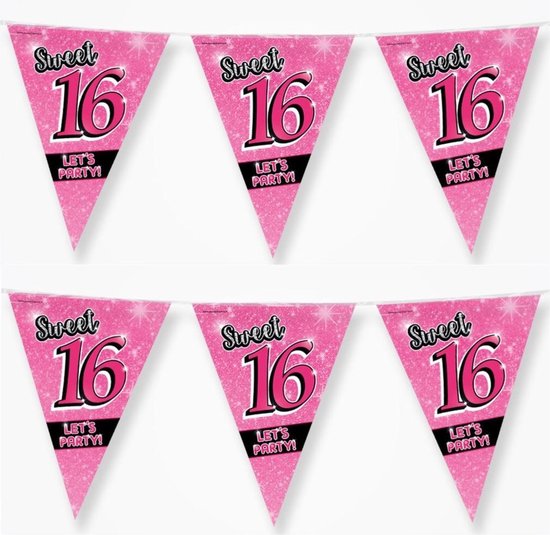 2x sweet 16 10 meter roze - 16e Verjaardag - Vlaggenlijnen/ slingers -... | bol.com