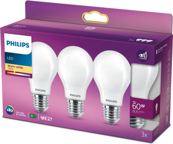 Beschrijving Trots Vlak Philips energiezuinige LED Lamp Mat - 60 W - E27 - warmwit licht - 3 stuks  - Bespaar... | bol.com