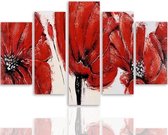 Schilderij , rode bloemen , 4 maten , 5 luik , rood wit , Premium print XXL