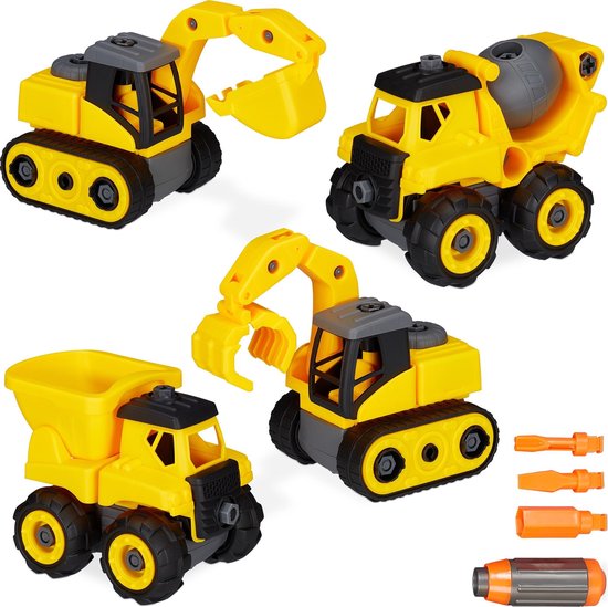 Relaxdays bouwvoertuigen speelgoed - werkvoertuigen - mini graafmachine  speelgoedset geel | bol.com