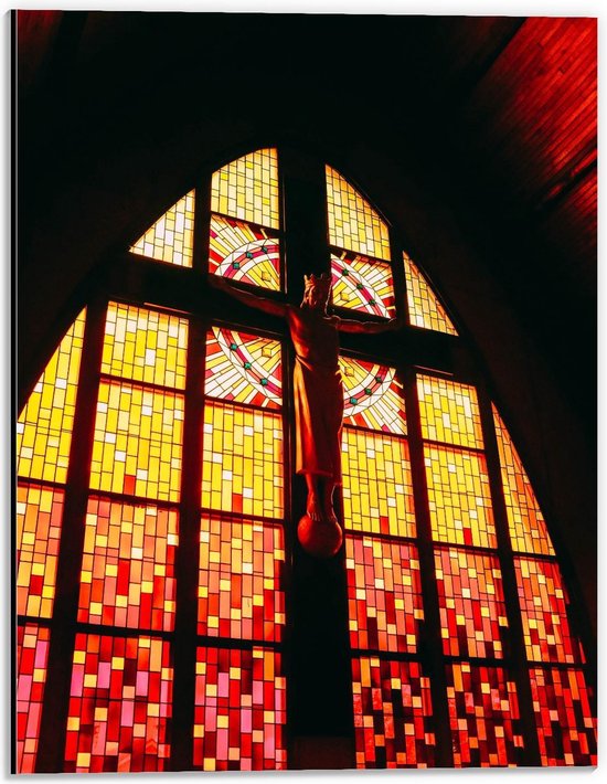 Dibond - Glas in Lood Raam met Jezus  in Kerk - 30x40cm Foto op Aluminium (Wanddecoratie van metaal)