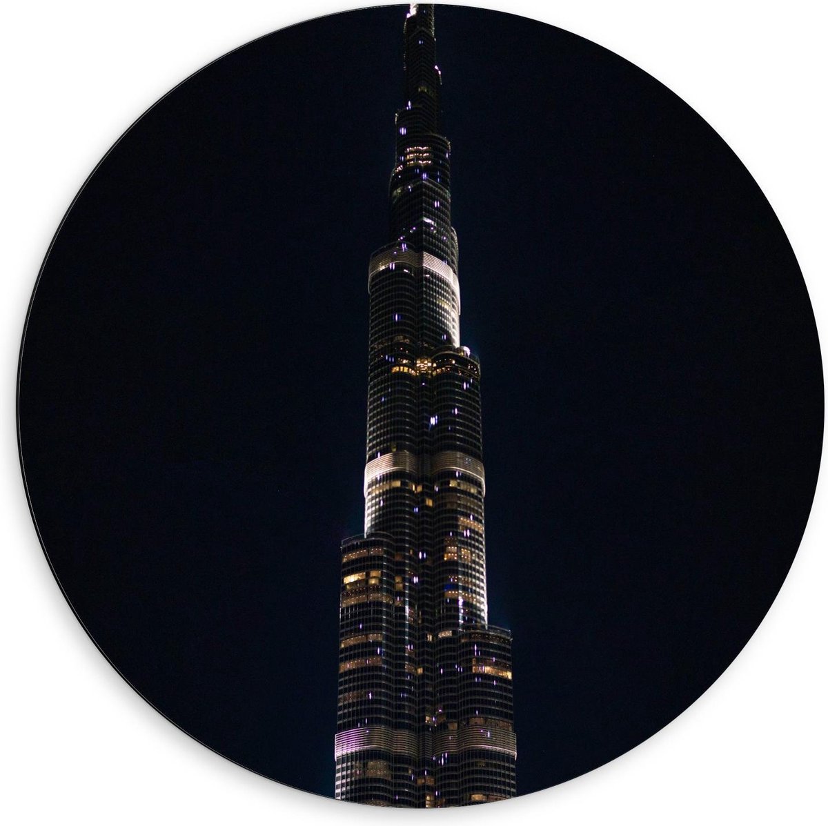 Dibond Wandcirkel - Dubai Fontein in het Donker - 60x60cm Foto op Aluminium Wandcirkel (me