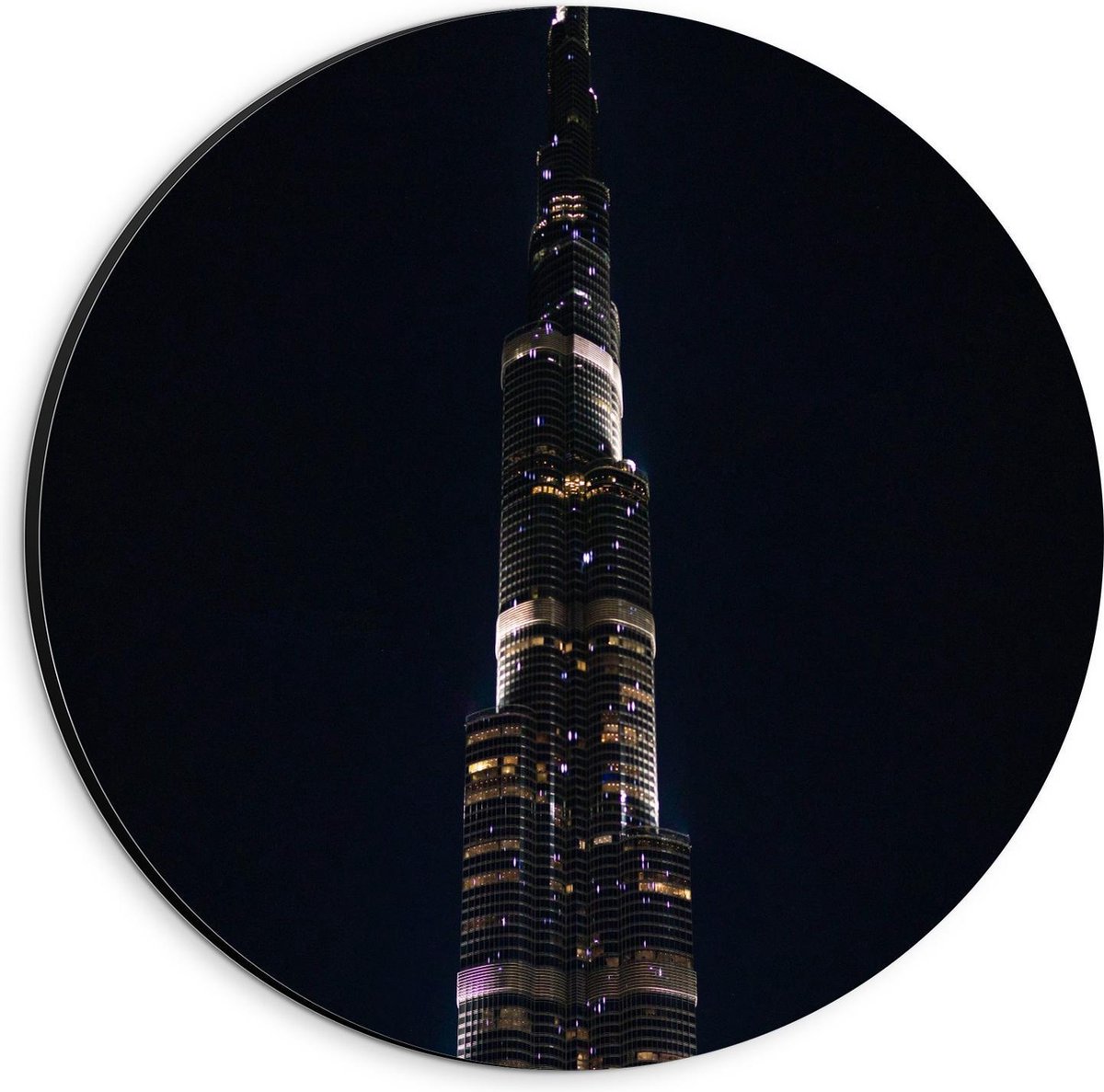 Dibond Wandcirkel - Dubai Fontein in het Donker - 20x20cm Foto op Aluminium Wandcirkel (me