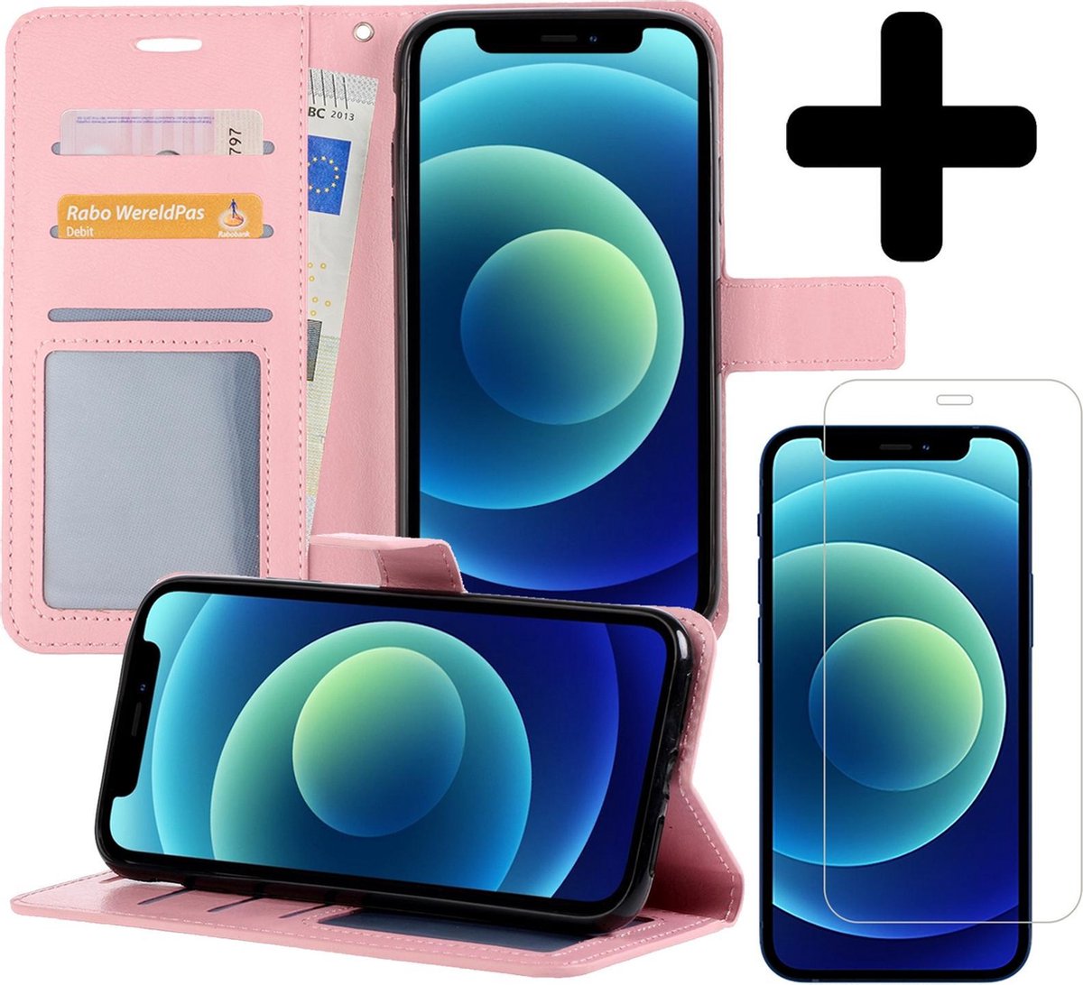 Hoesje - Met Screenprotector - Geschikt voor Apple iPhone 12 Pro - Luxe Pasjeshouder - Flipcase - Bookcase Portemonee - Flip Case - Kunstleer Book Case - Book Cover - Walletcase - Portemonneehoes - Telefoonhoes - Lichtroze