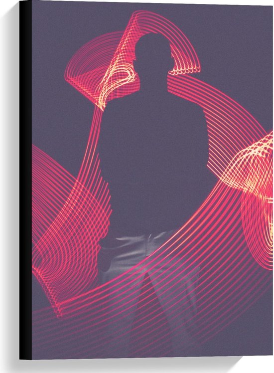 Canvas  - Abstracte Rode Lichtgevende Strepen met Mensen Silhouette  - 40x60cm Foto op Canvas Schilderij (Wanddecoratie op Canvas)