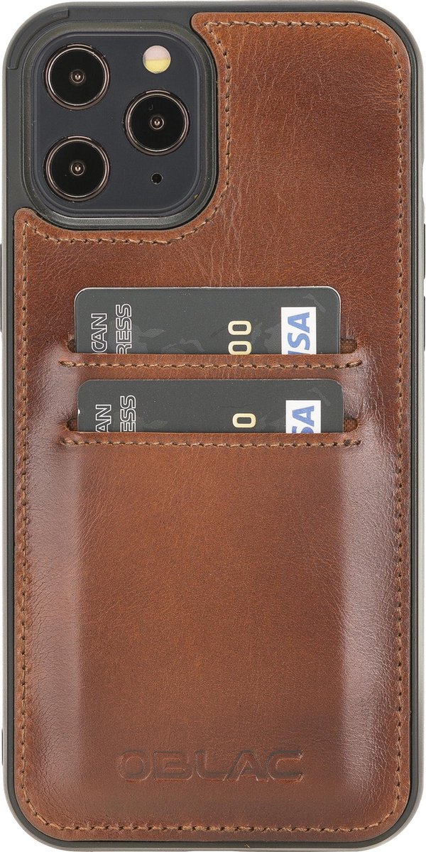 Hoesje iPhone 12 Pro Max 6.7'' Oblac® - Full-grain leer - Back Cover - 2 kaartvakken - Cognac Bruin
