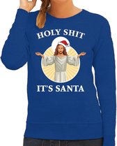 Holy shit its Santa fout Kerstsweater / foute Kersttrui blauw voor dames - Kerstkleding / Christmas outfit XL