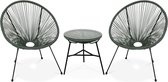 Set van 2 ei-vormige stoelen ACAPULCO met bijzettafel - Groengrijs - Stoelen 4 poten design retro, met lage tafel, plastic koorden