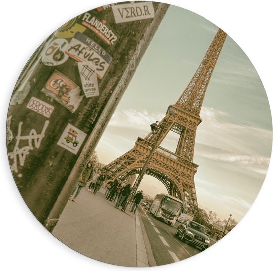 Dibond Wandcirkel - Eiffeltoren, Parijs (Schuin) - 90x90cm Foto op Aluminium Wandcirkel (met ophangsysteem)