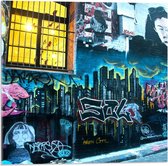 Acrylglas - Graffiti muur Blauw/Geel  - 50x50cm Foto op Acrylglas (Met Ophangsysteem)