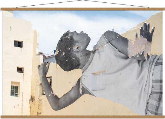 Schoolplaat – Geschilderde Jongen Kijkt Over Muur - 150x100cm Foto op Textielposter (Wanddecoratie op Schoolplaat)