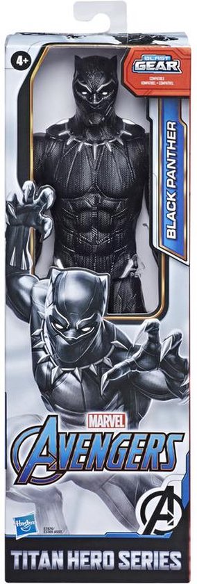 Black Panther speelfiguur in verpakking, met afbeeldingen van Black Panther en het Avengers logo.