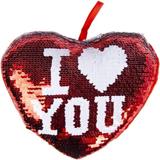Hartjes kussen I Love You rood metallic met pailletten 20 cm - sierkussens - valentijn decoratie / versiering