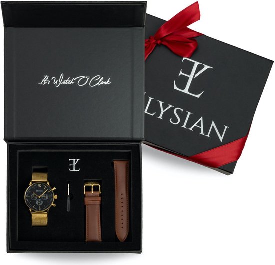 Elysian - Horloge Geschenkset mannen - Gouden mesh horloge geschenkdoos met leren horlogebandje - Roestvrij Staal - Vaderdag Cadeau