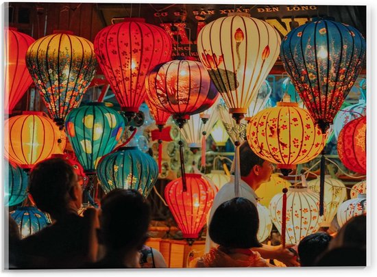 Acrylglas - Chinese Lampionnen Oranje/Rood/Blauw - 40x30cm Foto op Acrylglas (Met Ophangsysteem)