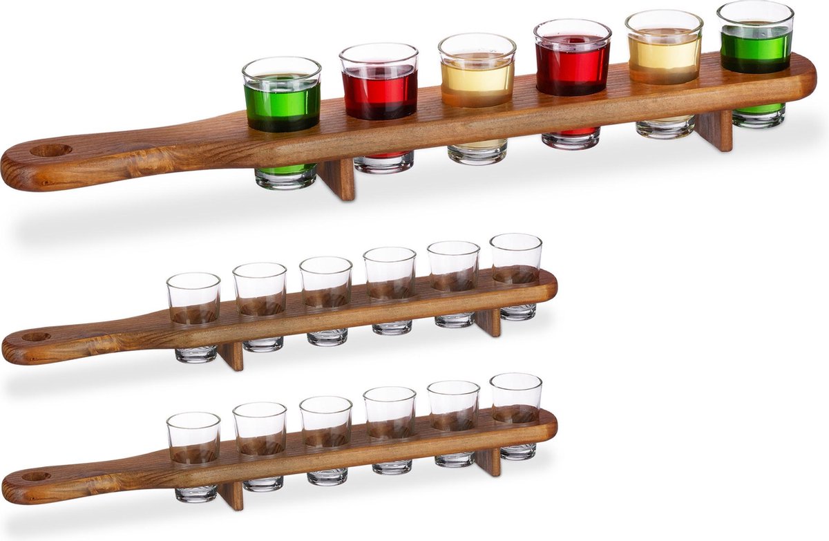 Relaxdays 3x shotglas set met plank - serveerplank - 12 glaasjes - 4 cl shotglaasjes