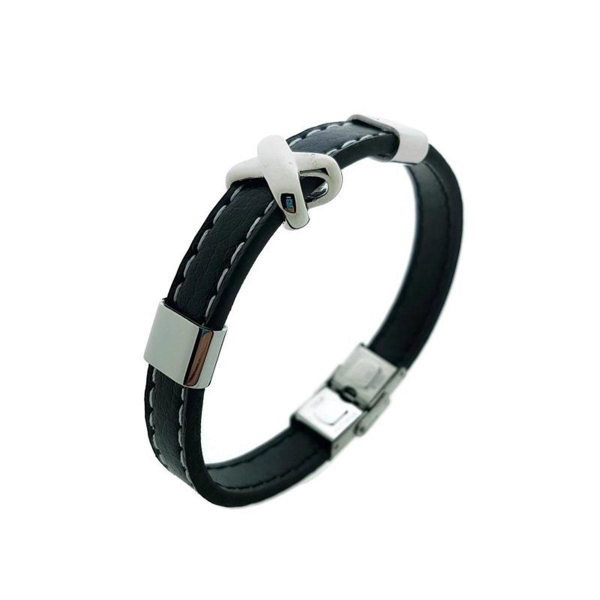 Leren armband met stalen kruis- zwart - heren - 22 cm