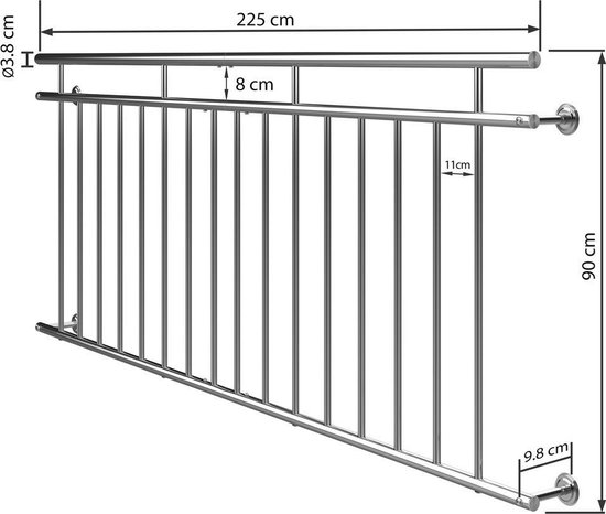 ECD Germany Frans balkon 225 x 90 cm - met 16 vulstangen - zwart - mat en ruw - gemaakt van gepoedercoat staal - balkonbalustrade leuningen balustrade raamrooster