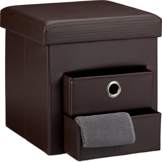 boîte de siège pliable relaxdays avec 2 tiroirs, pouf, tabouret, similicuir, repose-pieds, tabouret