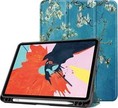 Case2go - Tablethoes geschikt voor Apple iPad Air 11 (2024) / iPad Air 10.9 (2022) - Tri-Fold Book Case - Apple Pencil Houder - Witte Bloesem