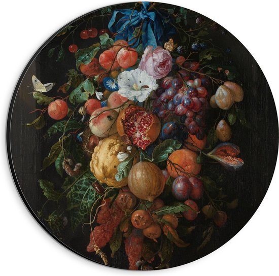 Dibond Wandcirkel - Oude meesters - Festoen van vruchten en bloemen, Jan Davidsz. de Heem - 20x20cm Foto op Aluminium Wandcirkel (met ophangsysteem)
