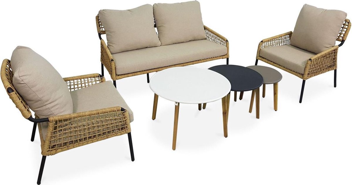 Lage loungeset 4 plaatsen Komodo – 2-persoonsbank en 2 stoelen met 3 bijzettaffeltjes - Wicker, rotan-effect - Beige
