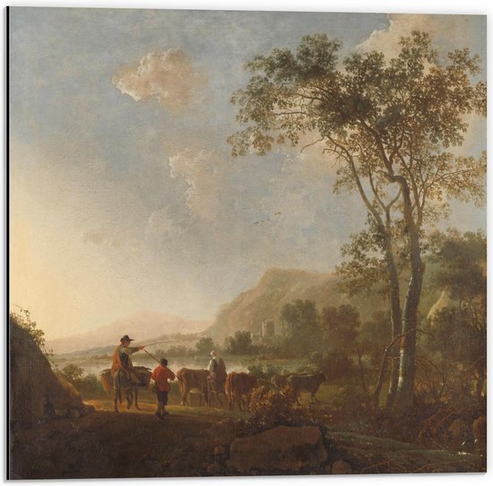 Dibond - Oude meesters - Landschap met herders en vee, Aelbert Cuyp - 50x50cm Foto op Aluminium (Met Ophangsysteem)