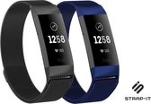 Strap-it® Fitbit Charge 3 Milanese banden - 2-pack - Zwart en Blauw - Maat: L