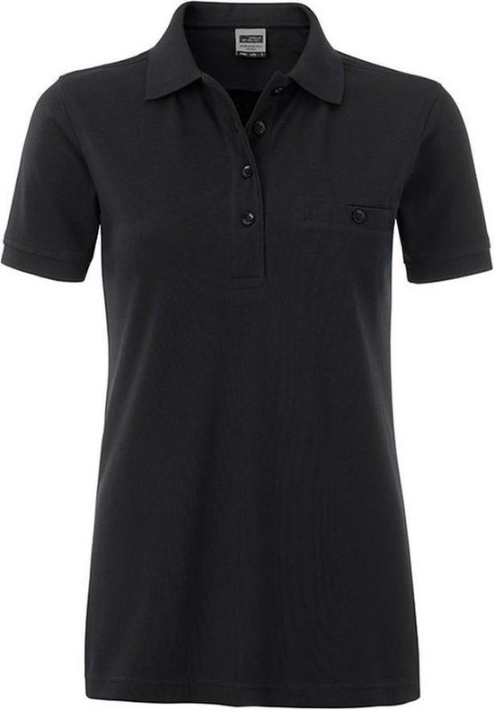 Polo noir pour femme à manches courtes, poche poitrine et fermeture boutonnée.
