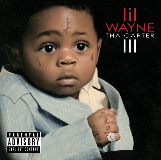 Pochette d'album 'Tha Carter III' de Lil Wayne avec un bébé portant des tatouages et un costume.