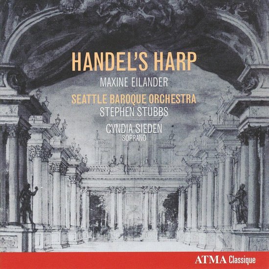 Albumcover 'Handel's Harp' met tekst en een schematische weergave van een paleis.