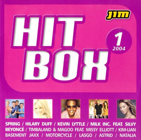 Albumhoes met de titel HIT BOX 1 2004 in paars en roze. Kleine foto's van artiesten onderaan.