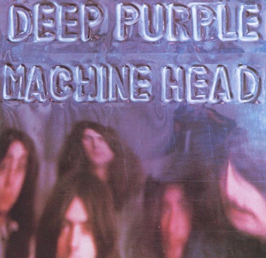 Deep Purple - Machine Head albumhoes. Zilverkleurige letters boven de wazige gezichten van vier bandleden.