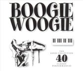Albumhoes 'Boogie Woogie: The Gold Collection 40 Classic Performances' met illustratie van een pianist aan een vleugel en een afbeelding van pianotoetsen.
