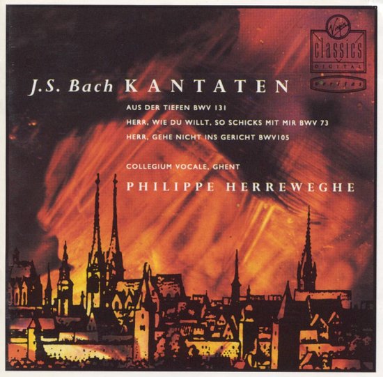 Albumhoes met de titel 'J.S. Bach KANTATEN' en afbeelding van een stad bij nacht met vuur.