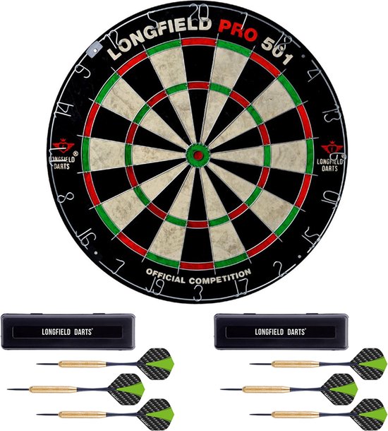 Dartbord Longfield professional 45.5 cm met 6x goede kwaliteit dartpijltjes - Darten voor thuis - Voordeelset - Longfield